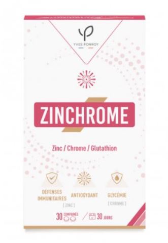 Zinchrome - Antioxydants est un complément alimentaire à base de zinc, de chrome et de glutathion pour lutter contre le vieillissement prématuré et le stress oxydatif.