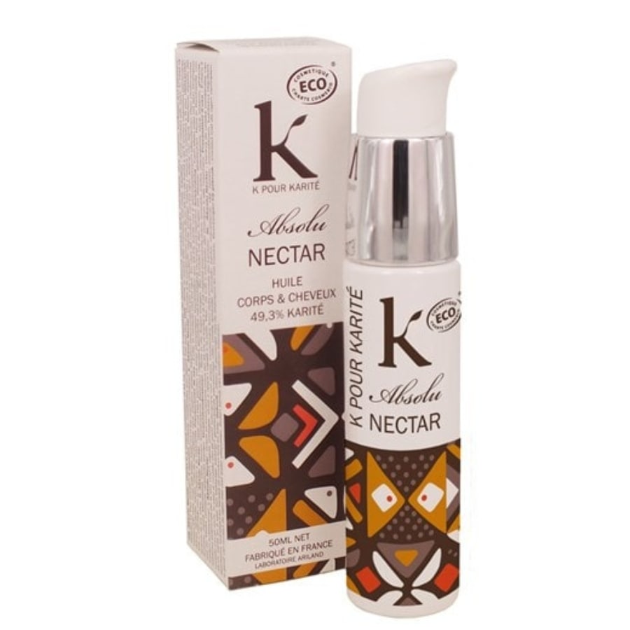 Un flacon de 50ml de nectar absolu de la marque K pour Karité avec son emballage en carton