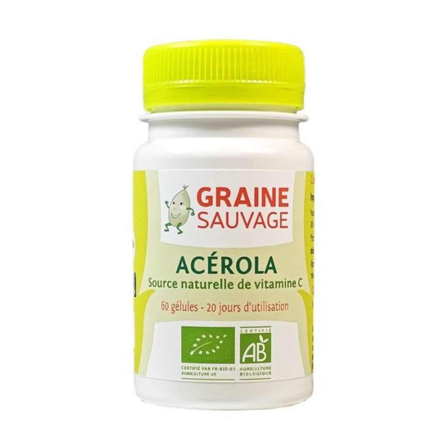 Acérola bio en pot de 60 gélules de la marque Graine Sauvage.