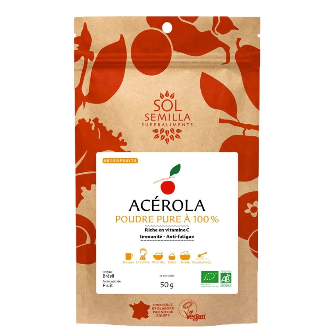 sachet hermétique de 50g d'acérola en poudre pure bio de la marque sol-semilla