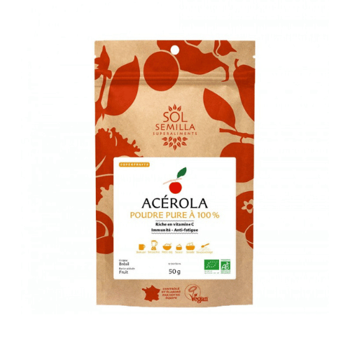 sachet hermétique de 50g d'acérola en poudre pure bio de la marque sol-semilla