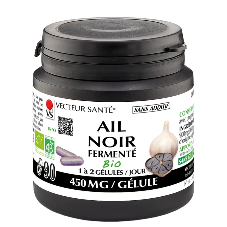 Une boite de 90 gélules végétales d'Ail noir fermenté Bio de la marque Vecteur Sante