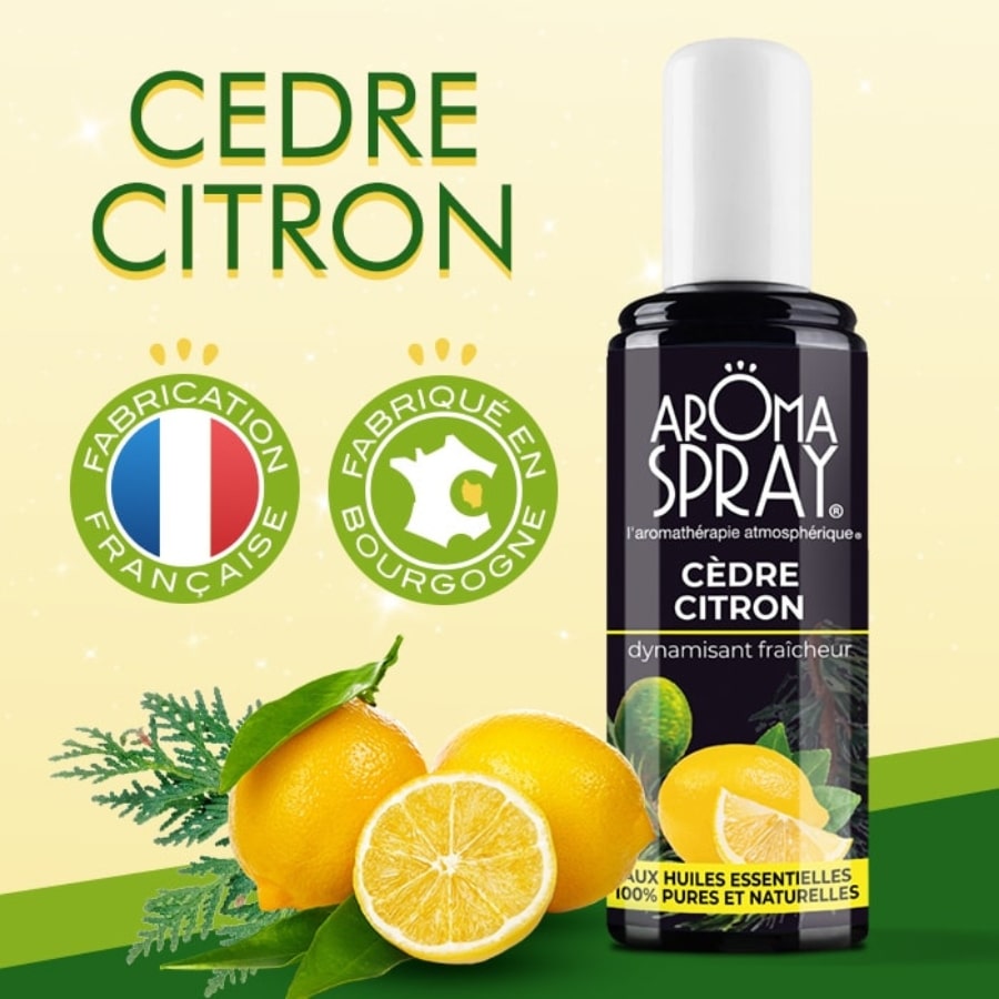 Un flacon de 100ml d'aromaspray cèdre citron avec des citrons et deux logos fabrication française et fabriqué en bourgogne