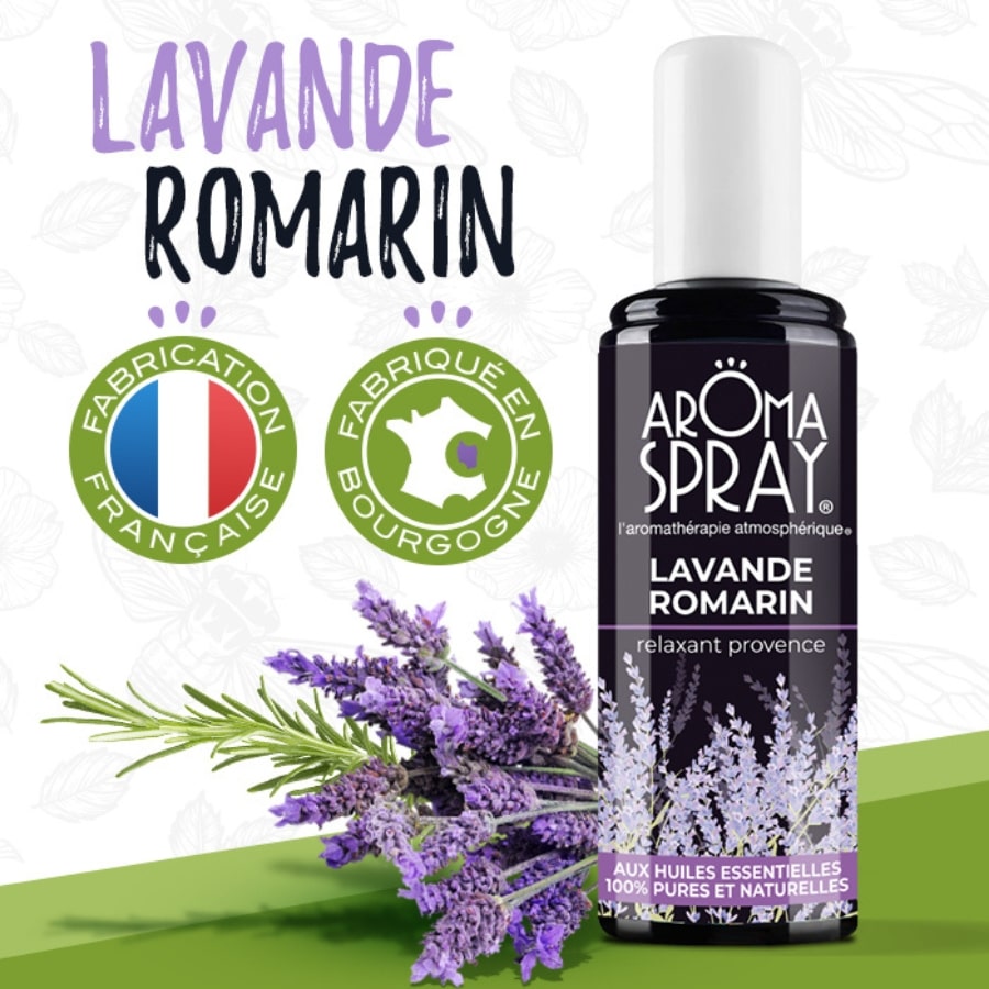 Un flacon de 100 ml d'Aromaspray Lavande Romarin avec deux logos d'origine fabrication française et fabriqué en bourgogne