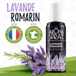 Un flacon de 100 ml d'Aromaspray Lavande Romarin avec deux logos d'origine fabrication française et fabriqué en bourgogne