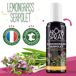 Un flacon de 100 ml d'aromaspray lemongrass serpolet avec deux logos fabrication française et fabriqué en bourgogne