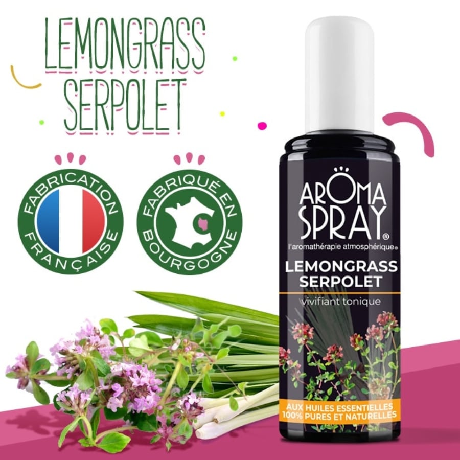 Un flacon de 100 ml d'aromaspray lemongrass serpolet avec deux logos fabrication française et fabriqué en bourgogne