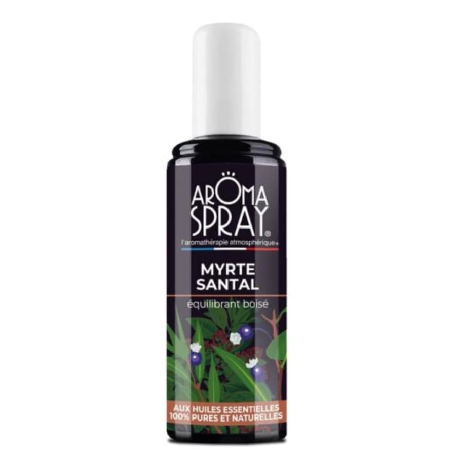 Un flacon de 100 ml de spray d'ambiance maison aux huiles essentielles de myrte santal de la marque aromaspray