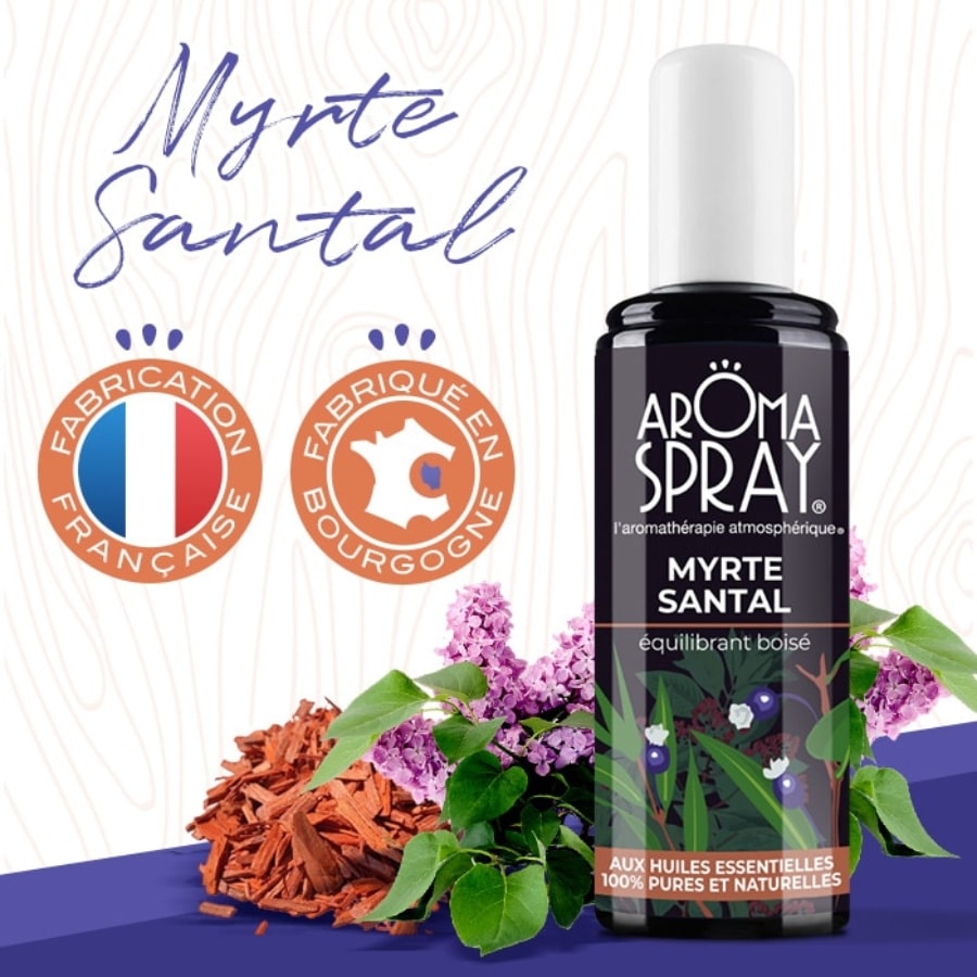 Un flacon d'aromaspray myrte santal avec deux logos pour la fabrication française et fabriqué en bourgogne