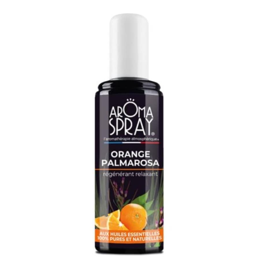 Un flacon de spray d'ambiance orange palmarosa de la marque aromaspray en 100 ml