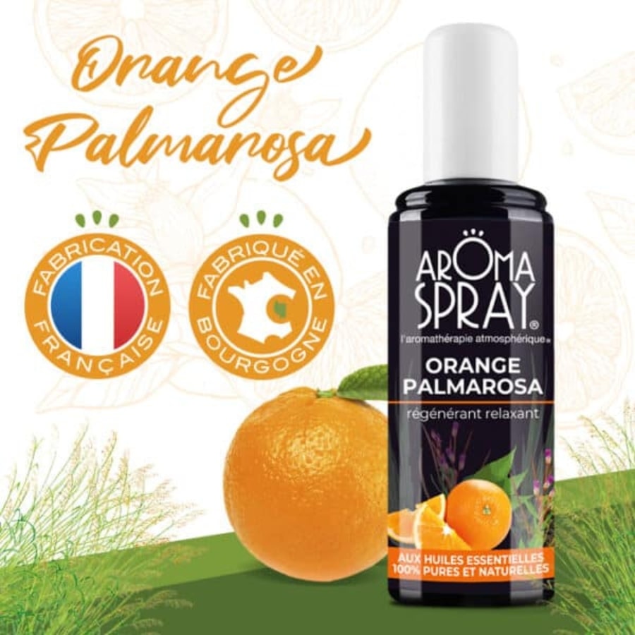 un flacon de 100 ml d'aromaspray orange palmarosa avec les logos origine france et fabriqué en bourgogne 