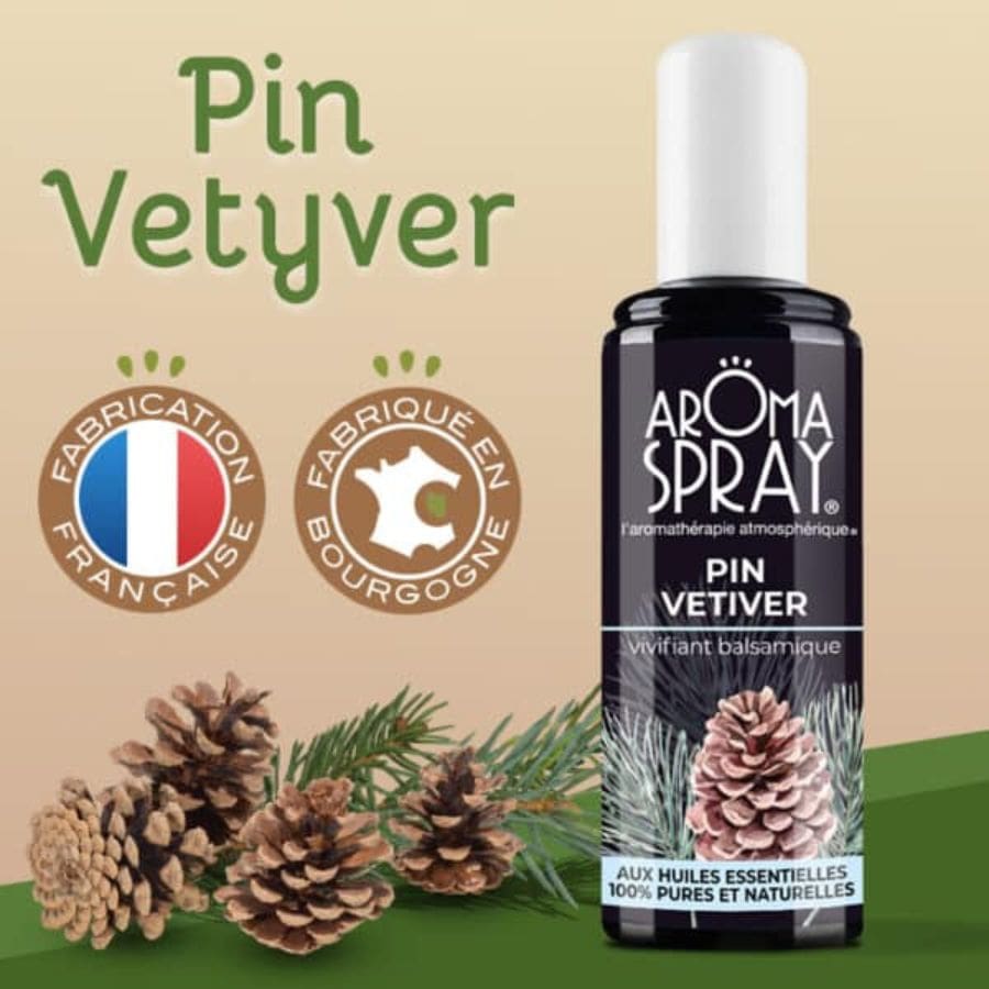 Un flacon de 100 ml de Aromaspray pin vetiver avec deux logos origine france et fabriqué en bourgogne