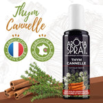 Un flacon de 100 ml de Aromaspray Thym Cannelle et deux logos fabrication française et fabriqué en bourgogne avec une branche de thym et des bâtonnets de cannelle