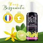 Un flacon de 100 ml d'Aromaspray Ylang Bergamotte avec une fleur d'ylag et de la bergamotte et deux logos fabrication française et fabriqué en bourgogne