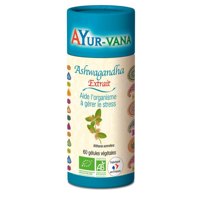 boîte de 60 gélules d'ashwagandha extrait de la marque ayur-vana