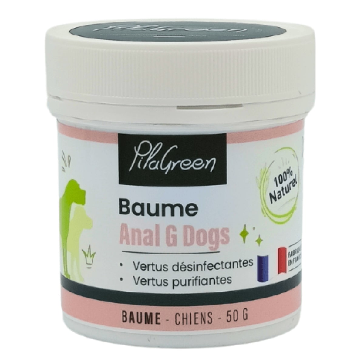 Pot de 50g de Baume Anal G Dogs de Pilagreen, soin naturel pour apaiser et cicatriser les irritations des glandes anales chez les chiens.