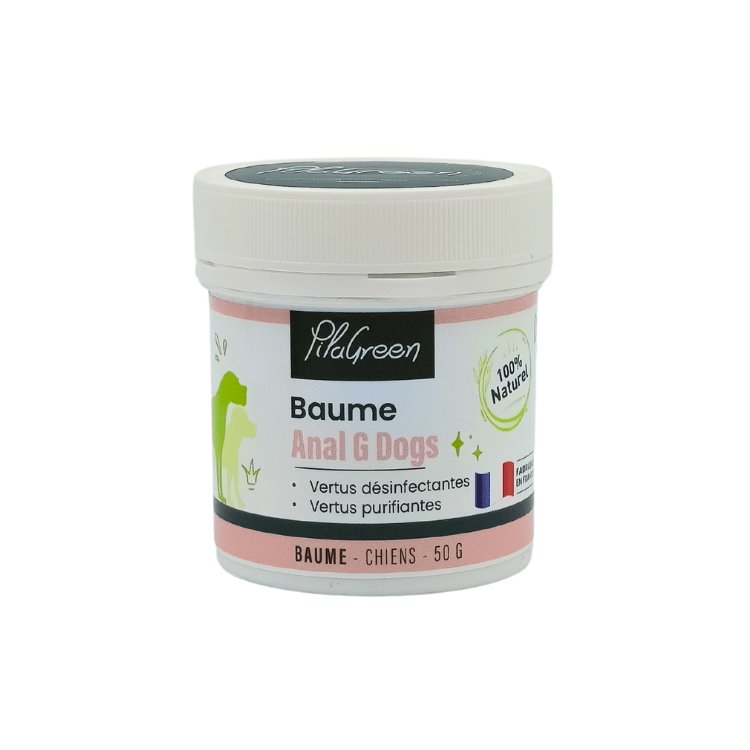 Pot de 50g de Baume Anal G Dogs de Pilagreen, soin naturel pour apaiser et cicatriser les irritations des glandes anales chez les chiens.