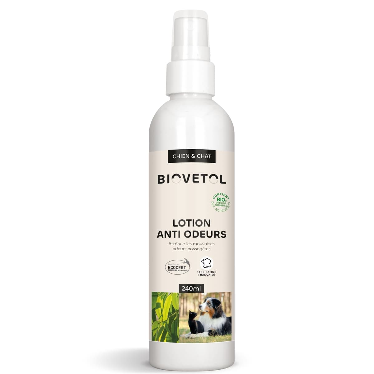 Une lotion anti odeurs en spray pour chien et chat en 240 ml de la marque Biovetol