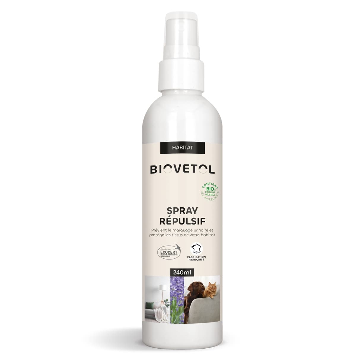 Un spray répulsif anti marquage urinaire chien et chat de la marque biovetol en 240 ml