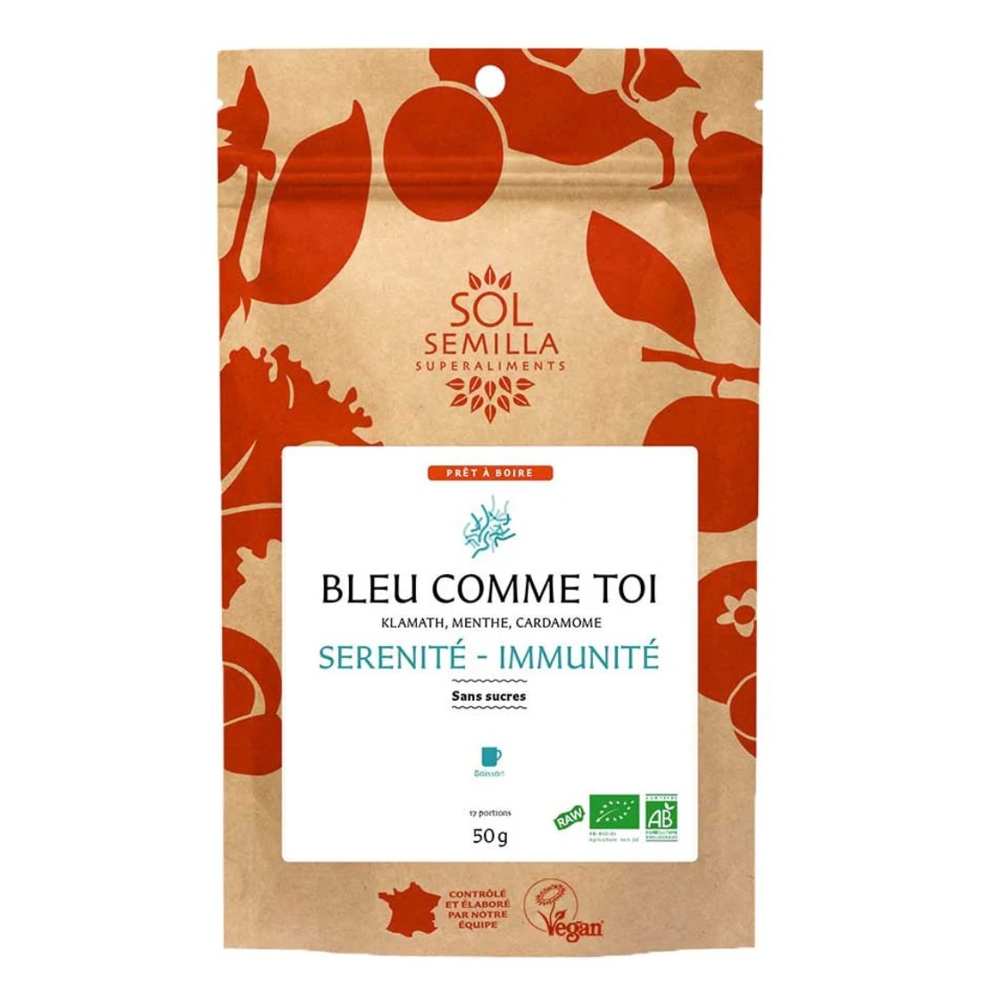 sachet hermétique de boisson prêt à l'emploi bleu comme toi 50g de la marque sol-semilla