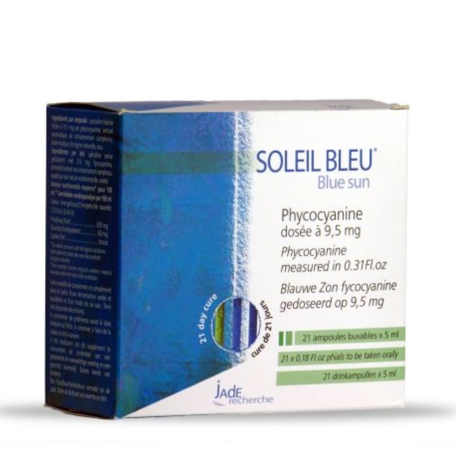 Une boite de 21 ampoules de Soleil bleu Phycocyanine de Jade Recherche