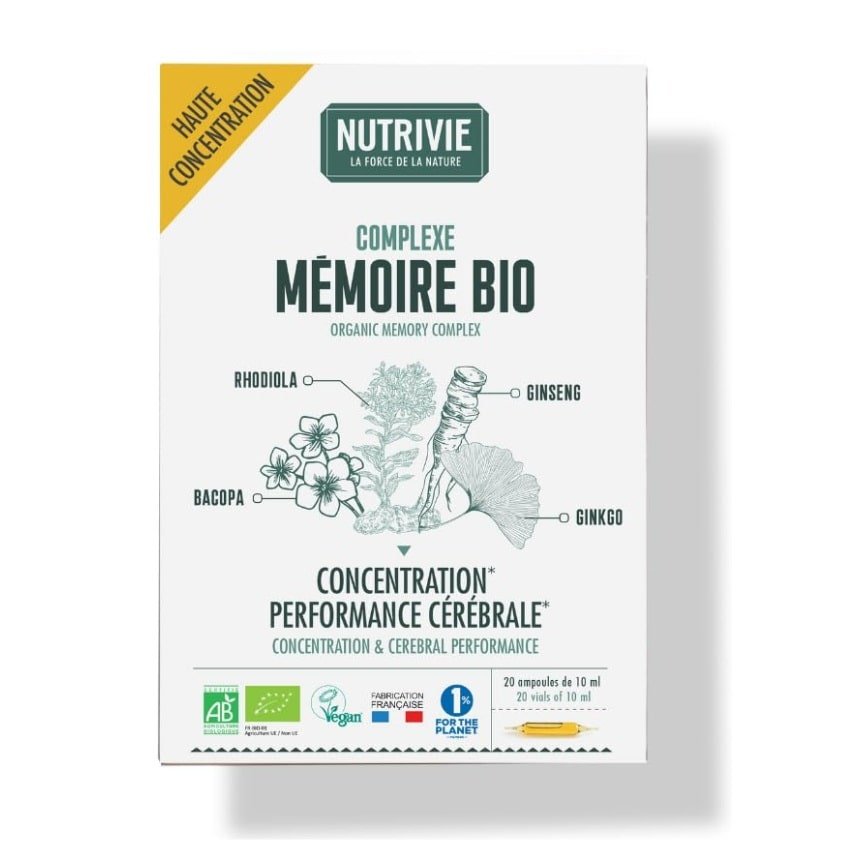 Une boite de Complexe Mémoire Bio de 20 ampoules 15 ml de la marque NutriVie