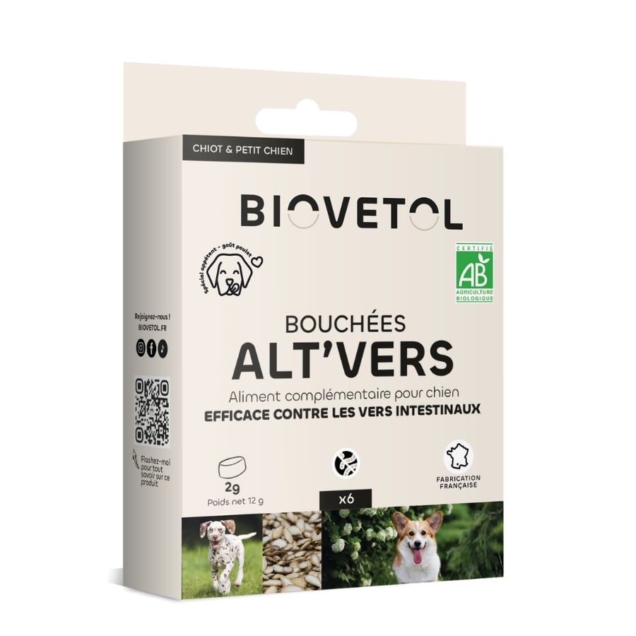 Une boîte de Bouchées Alt'Vers de 6x2g de la marque Biovetol pour chiot et petit chien