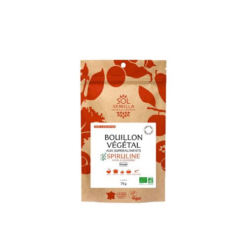 sachet de 75g de bouillon végétal à la spiruline de la marque sol semilla