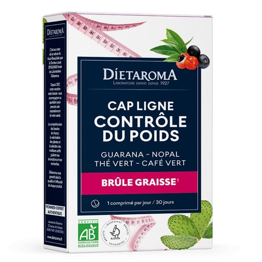 Une boite de complément Cap Ligne, un brûle-graisse à base de guarana, nopal, thé vert et café vert de la marque Dietaroma