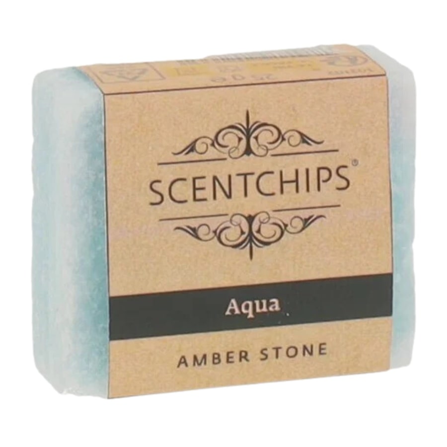 Un Carré d'ambre Aqua de 25 g de la marque Scentchips, avec son emballage