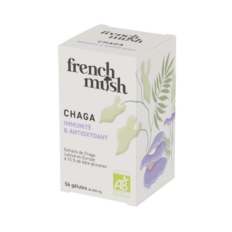 boîte en carton de 56 gélules de chaga de la marque french mush