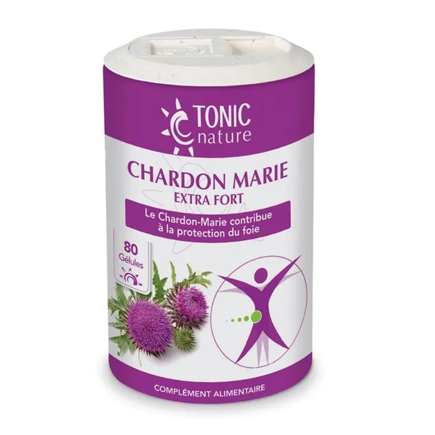 Une boite de 80 Gélules de Chardon Marie Extra Fort Bio de la marque Tonic Nature, un complexe composé d’un extrait sec de Chardon-Marie riche en flavonoïdes protecteur du foie.