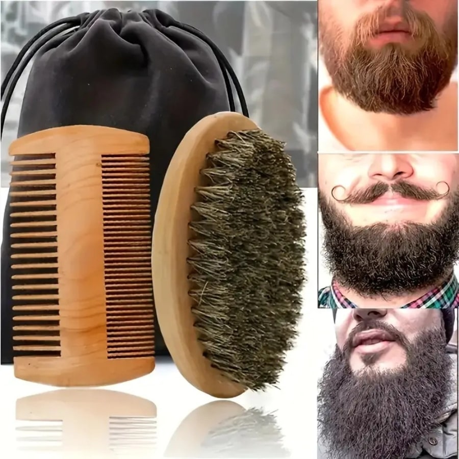 Zoom sur la brosse et le peigne contenu dans le Coffret Luxe Soin de la Barbe de 6 Accessoires