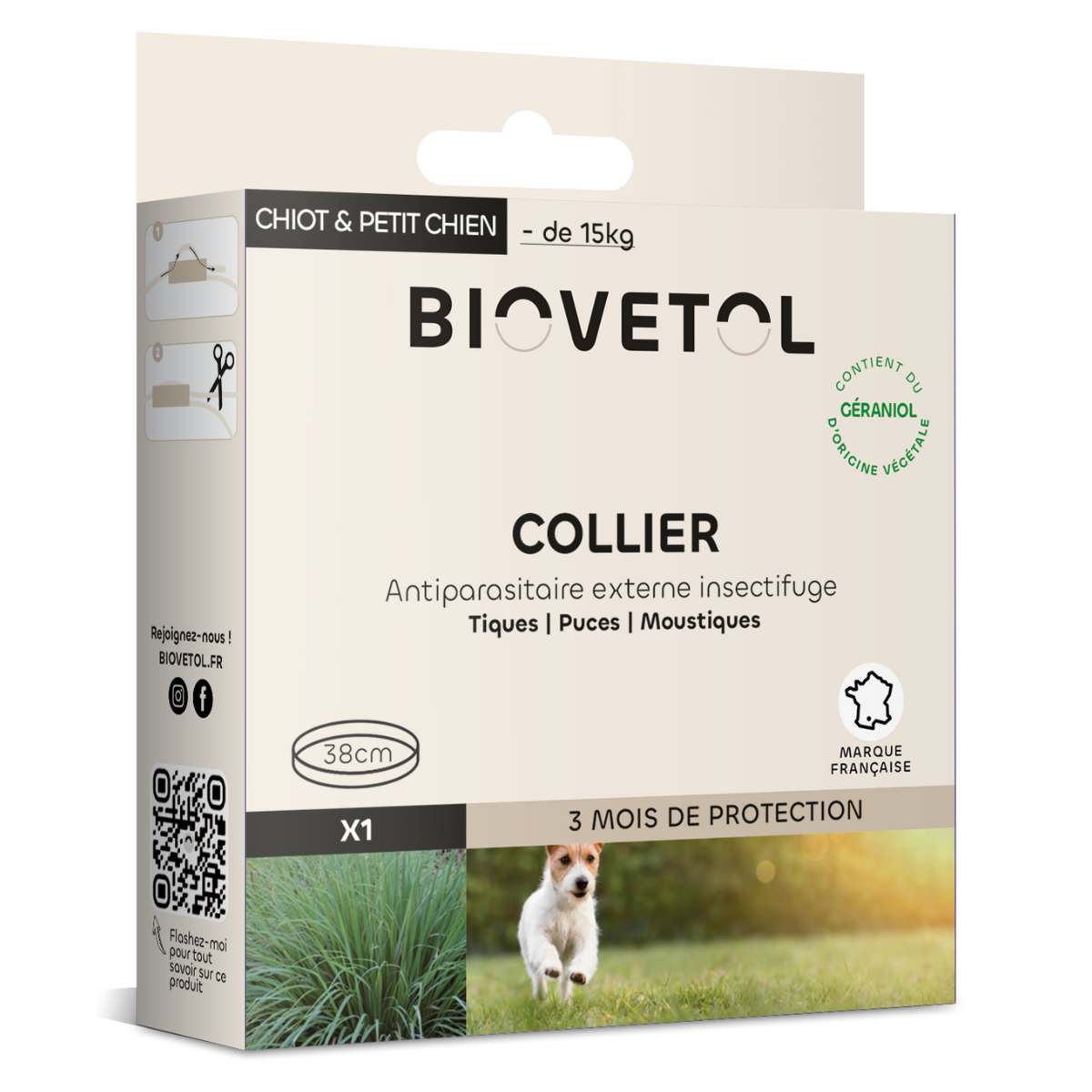 Un collier antiparasitaire pour chiot et petit chien de la marque biovetol