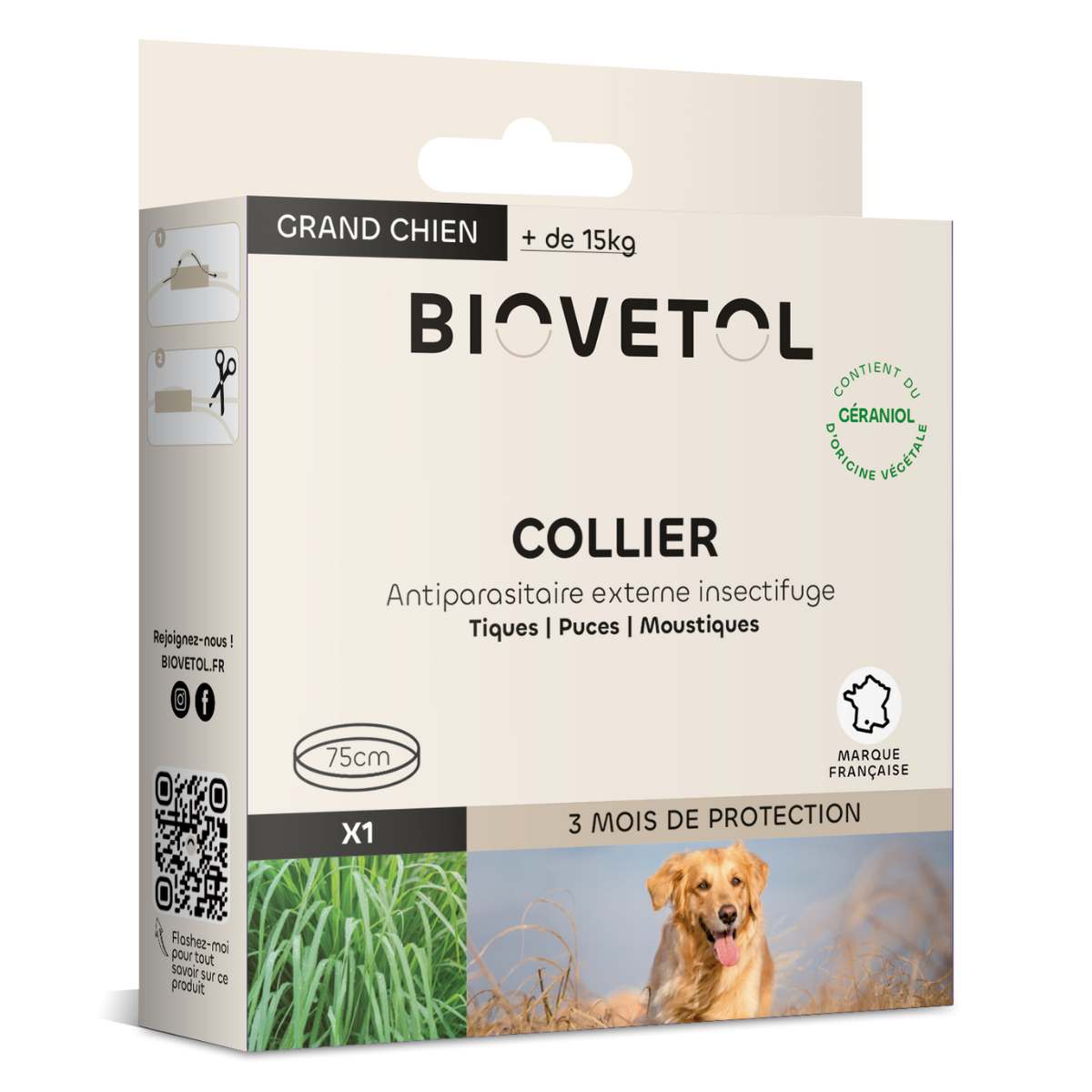 Une boîte d'un collier antiparasitaire pour grand chien de la marque Biovetol