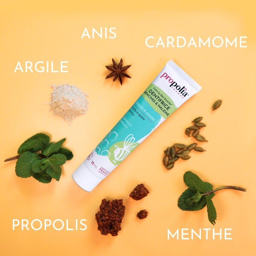 La composition du dentifrice Gencive et Haleine de la marque Propolia avec de la propolis