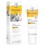 Un tube de 40 ml de Crème Ultra-réparatrice Bébé 20% Miel de Manuka Bio, avec son emballage, vue de face