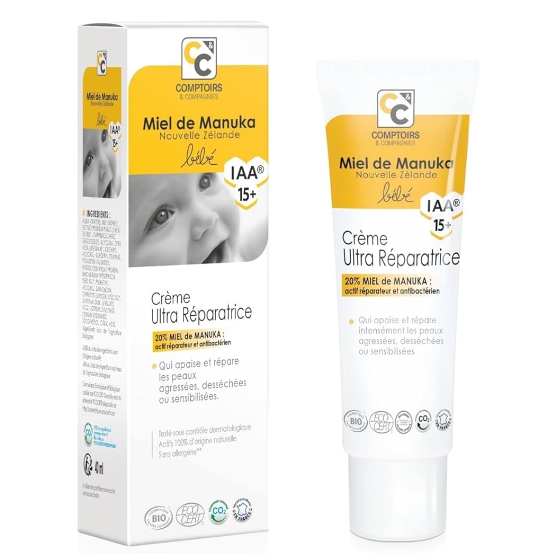 Un tube de 40 ml de Crème Ultra-réparatrice Bébé 20% Miel de Manuka Bio, avec son emballage, vue de face