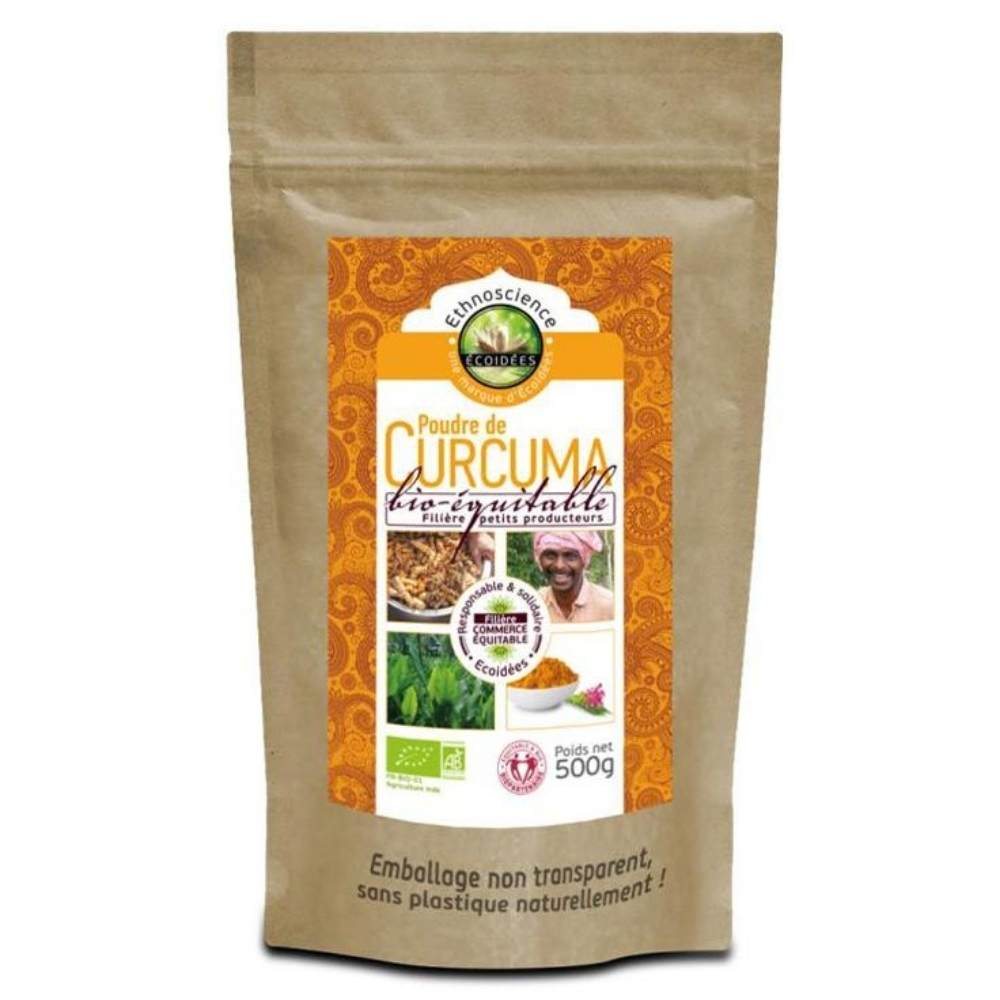 Un sachet de curcuma en poudre de 500 g de la marque Ecoidées.