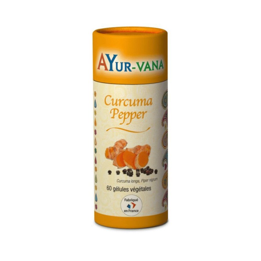 Une boîte de 60 gélules de curcuma pepper de la marque Ayur-vana