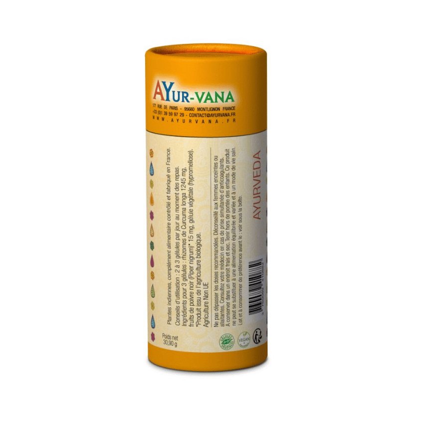 dos de la boîte de 60 gélules de curcuma pepper de la marque ayur-vana