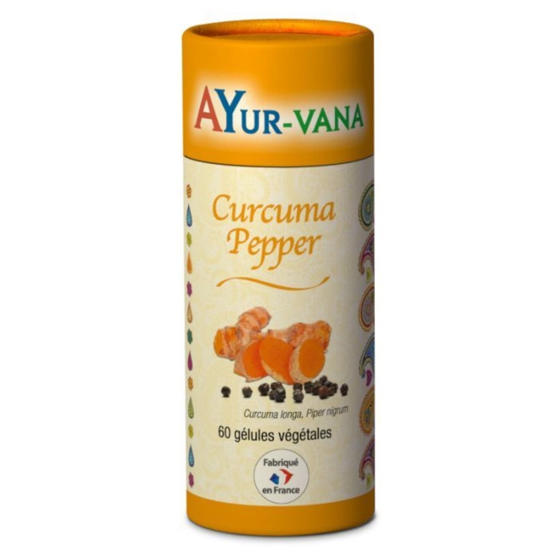 Une boite de Curcuma Pepper Bio de 60 gélules de la marque Ayur-Vana.