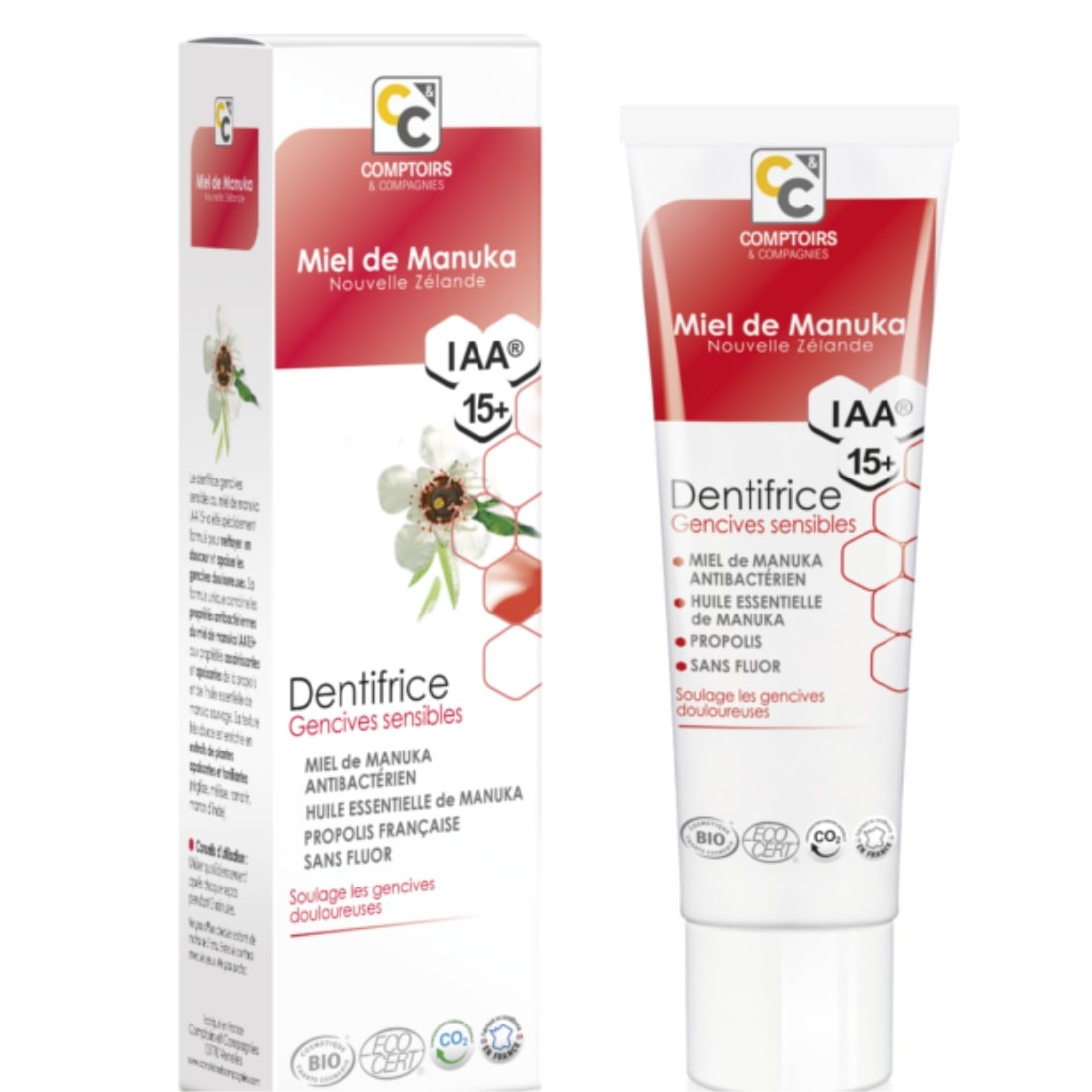 Un dentifrice bio au miel de Manuka pour gencives sensibles de Comptoirs et Compagnies vue de face