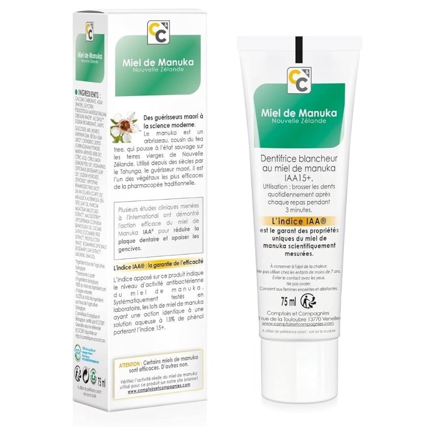 Le verso du dentifrice blancheur au miel de manuka IAA 15+ 75 ml de la marque Comptoirs et Compagnies