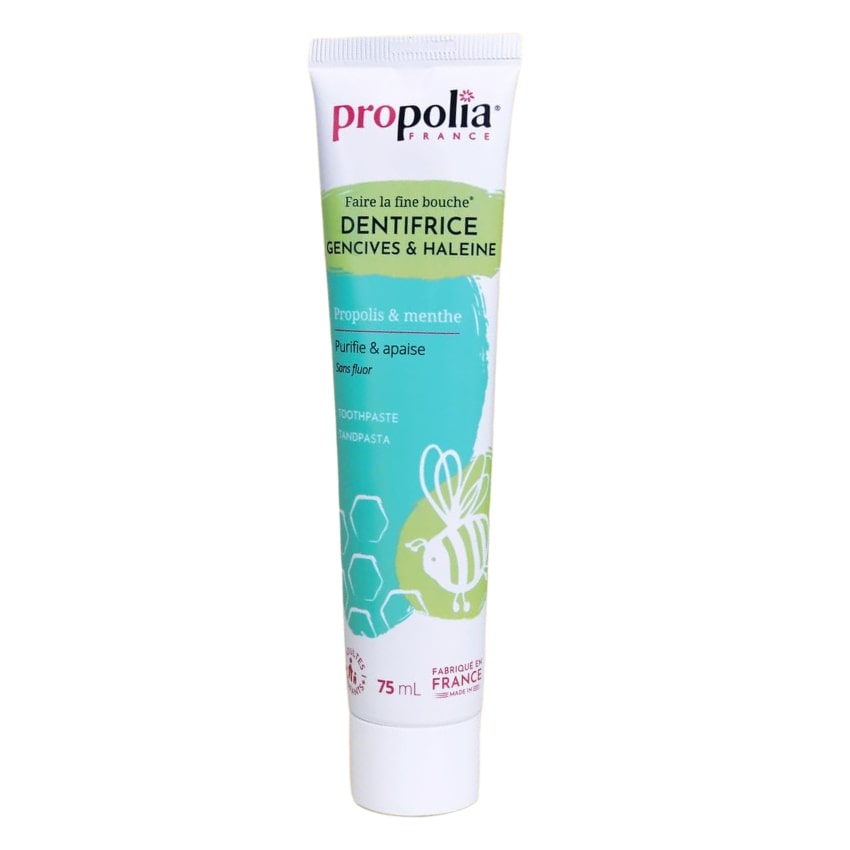 Une tube de 75 ml de dentifrice Gencive et Haleine de la marque Propolia avec de la propolis