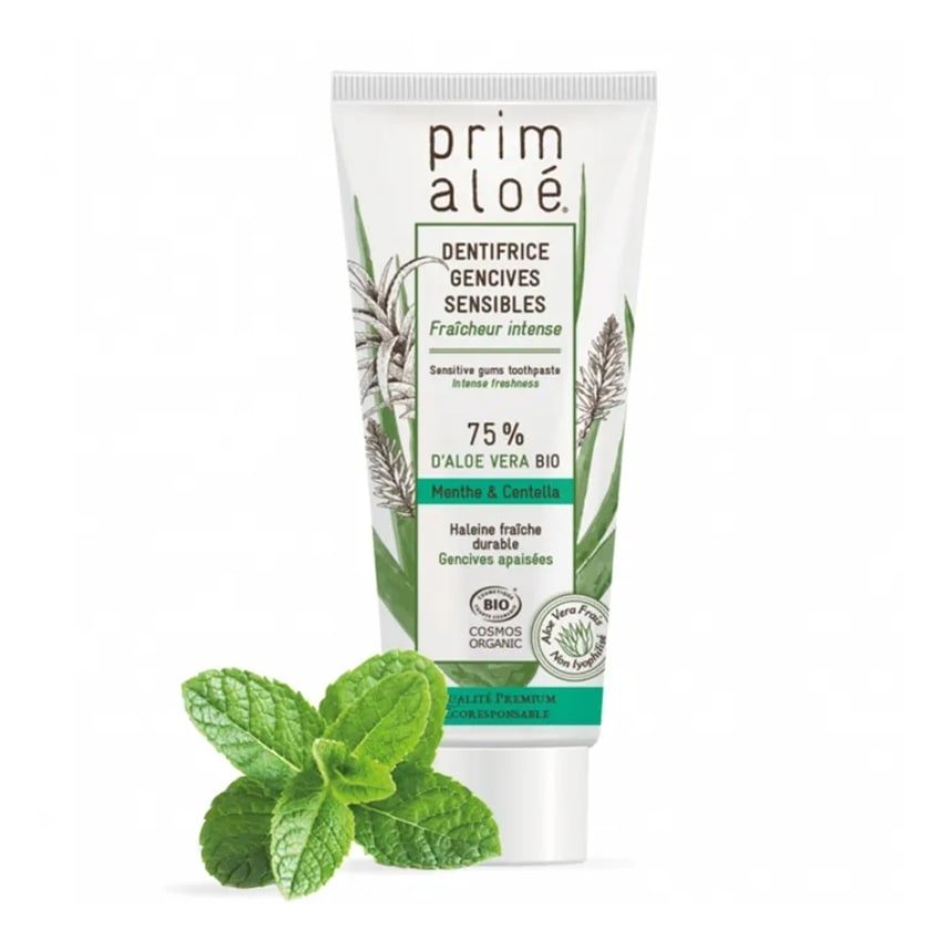 Un dentifrice menthe et centella 75 ml de la marque Prim Aloé