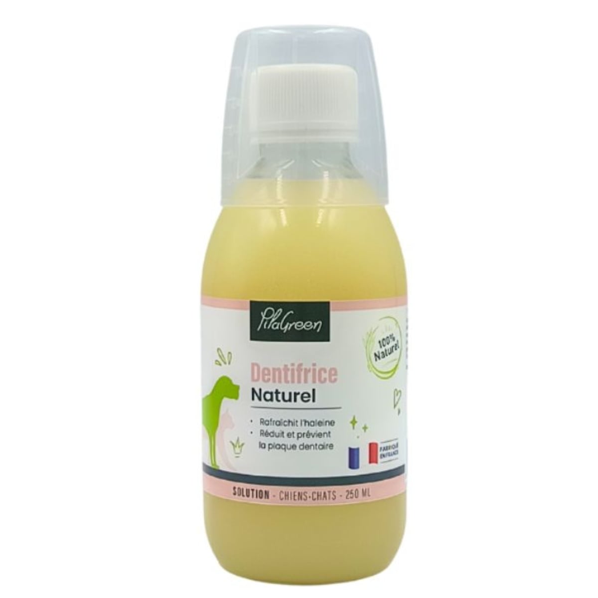 Un dentifrice buvable de 250ml pour animaux de la marque Pilagreen