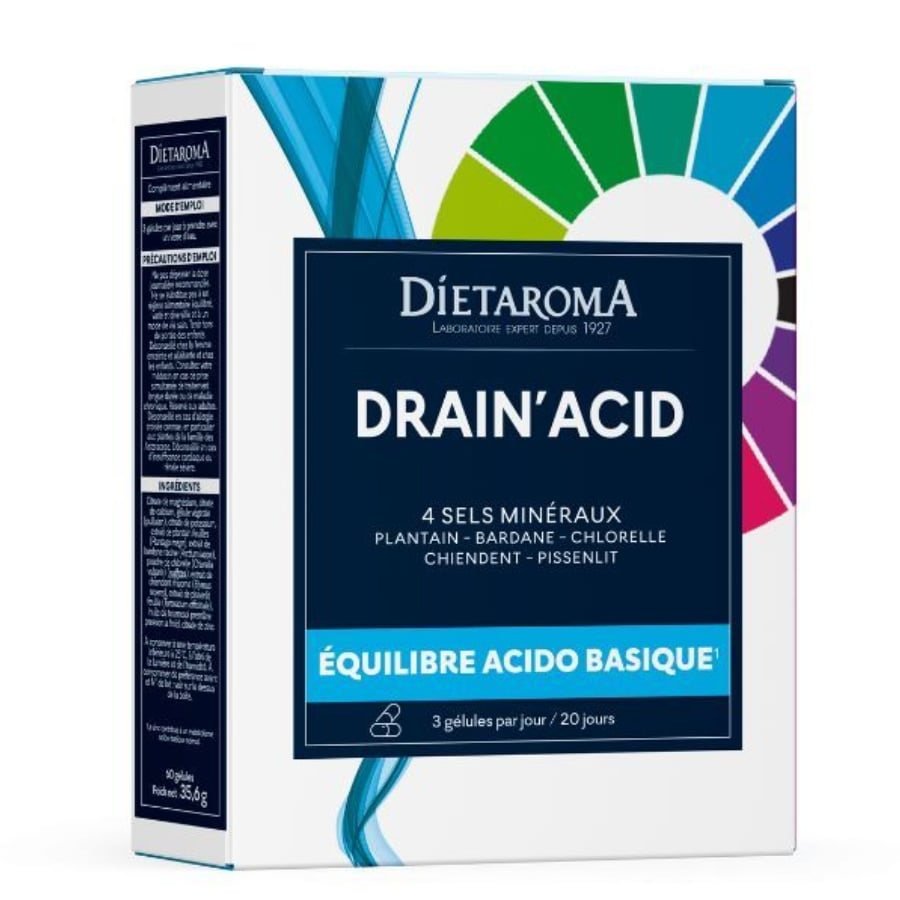 Une boite de complément Drain’Acid pour l’équilibre acido-basique de la marque Dietaroma.