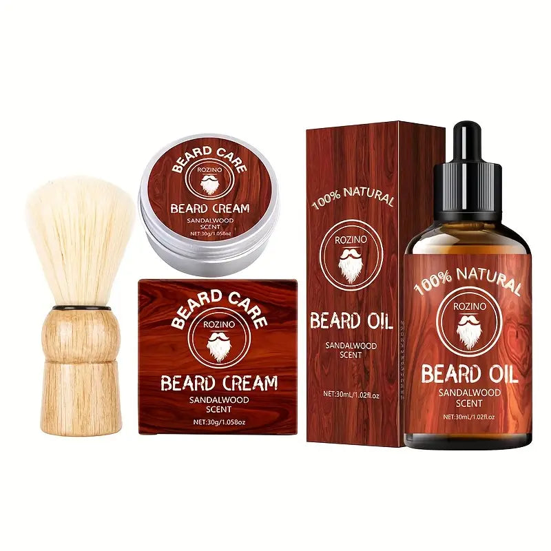 Un Kit de Soin Barbe 3 en 1 Rozino au bois de santal avec une Huile, un Baume hydratant et un Blaireau