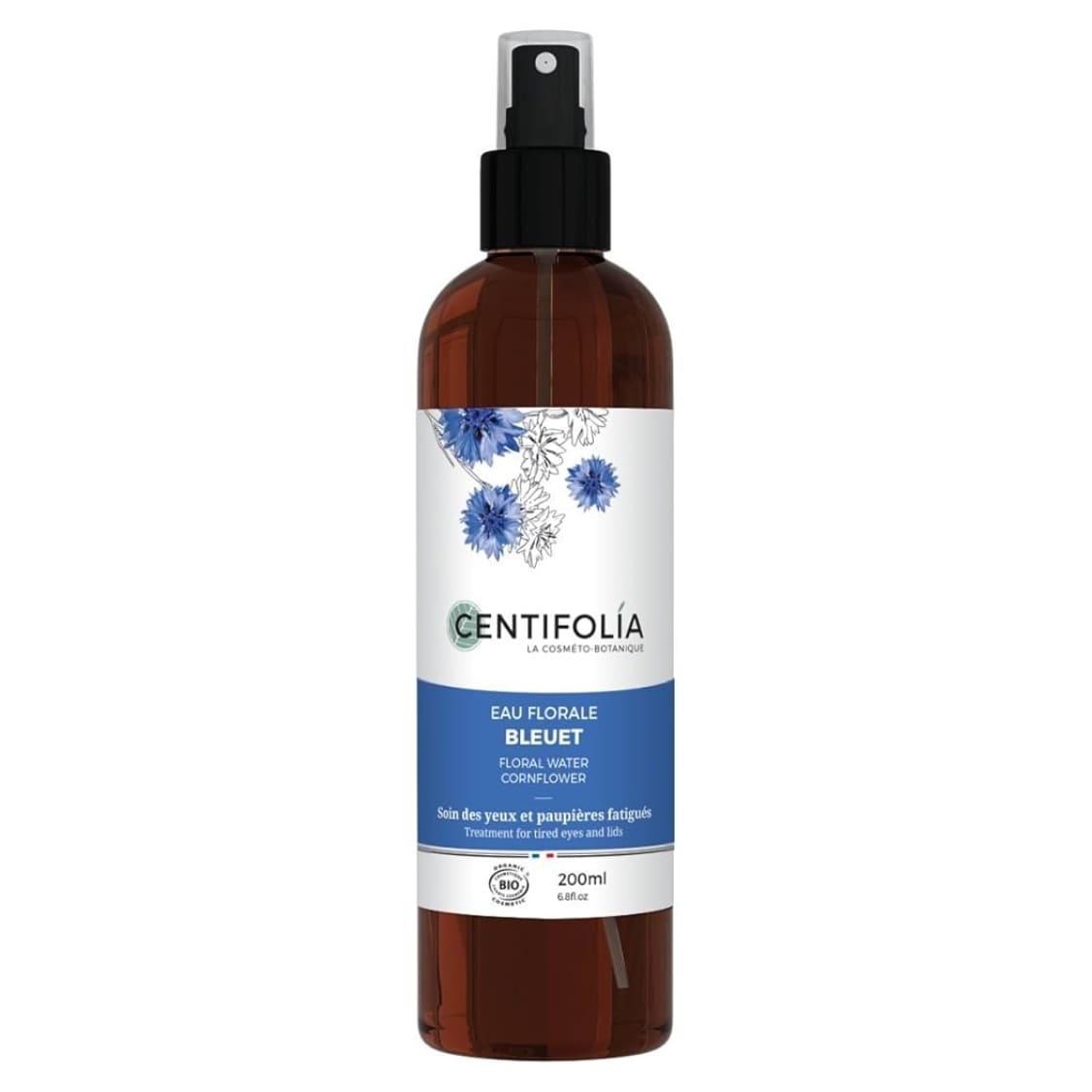 Un flacon d'Eau Florale Bleuet de 200ml de la marque Centifolia.
